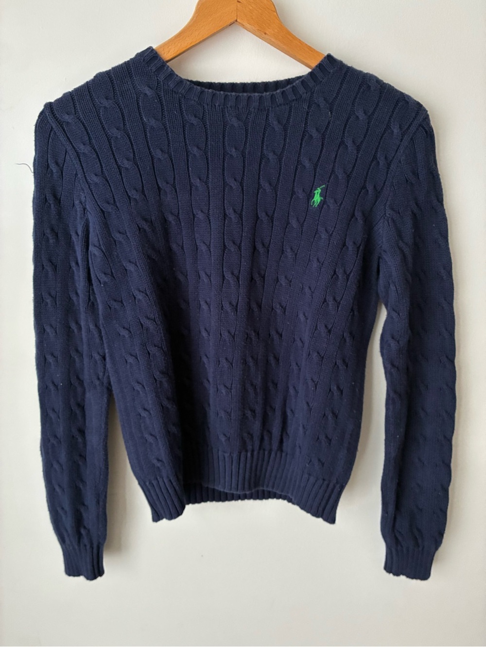 Ralph Lauren Sweater Womens Medium Vintage Cable Knit Navy Green Pony Cotton